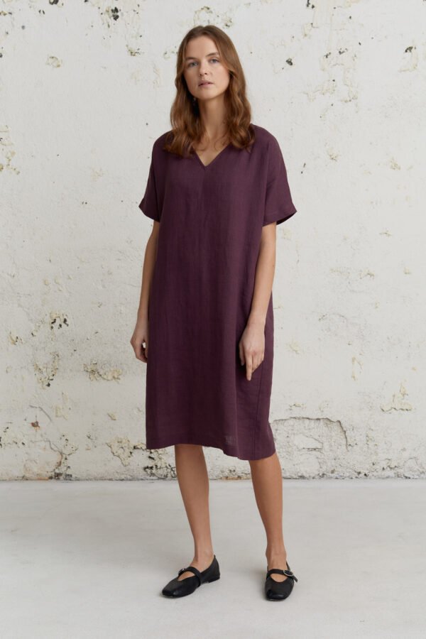 Lininė suknelė moterims laisvo silueto su kišenėmis patogi kasdienai