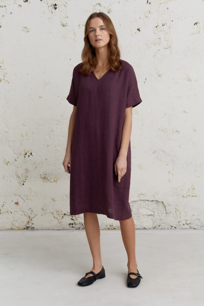 Lininė suknelė moterims laisvo silueto su kišenėmis patogi kasdienai