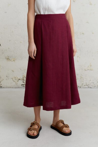 Bordo midi ilgio lininis sijonas su klostėmis ir švelniu siluetu