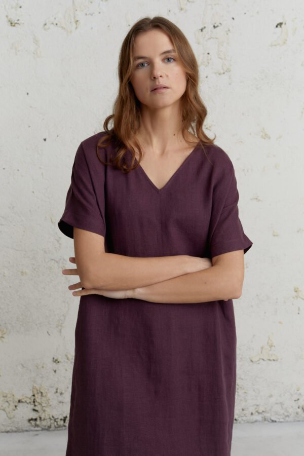 Lininė suknelė moterims laisvo silueto su nuleistomis rankovėmis vasarai