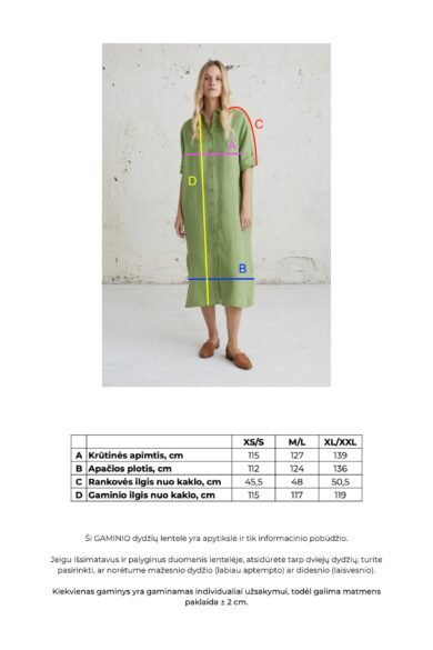 Suknelė „Sofi“ midi ilgio – išmatavimų diagrama su matmenimis krūtinės, juosmens, klubų ir ilgio, aiškiai parodytais kiekvienoje srityje.