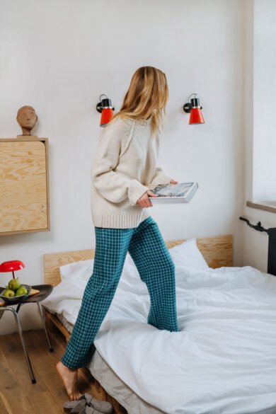 Linines Kelnes Zaliai Melynos Languotos Moterims