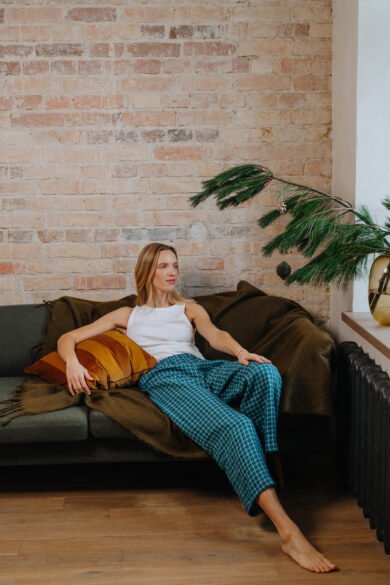 Lininės Pižamos Kelnės Langeliais Lėta Mada